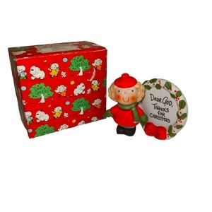 Vintage 1982 Enesco Girl with Wreath "Dear God, Thanks for Christmas".  Ceramic